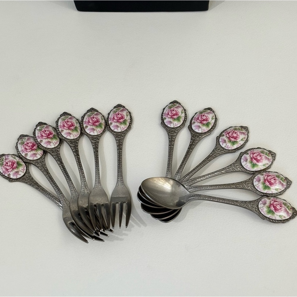12 Japanese Stainless Steel Tea Spoons and Forks , Pink & Gold Flower Inlay